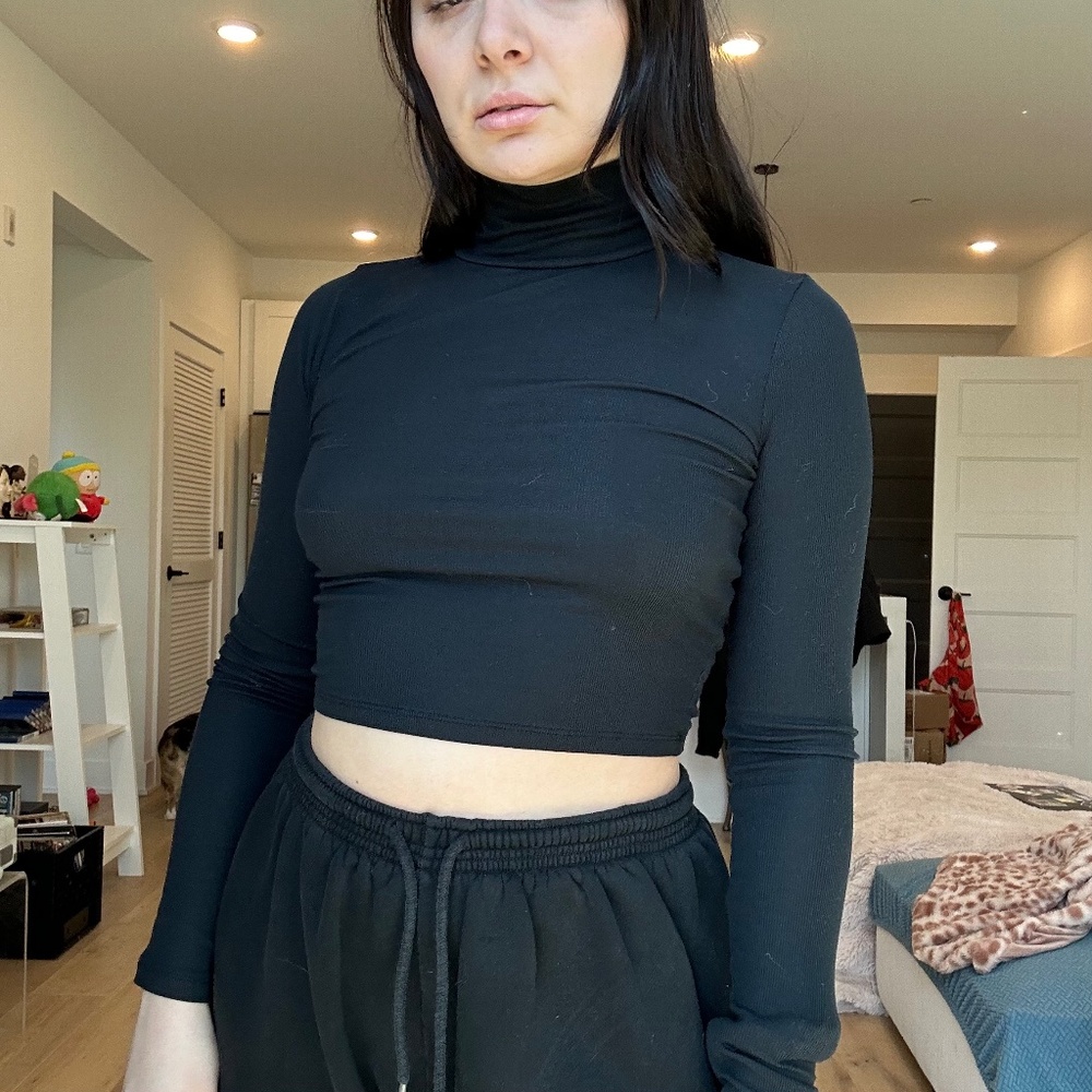 Aritzia Wilfred Jet Black Ribbed Knit Long Sleeve Turtleneck Crop Top